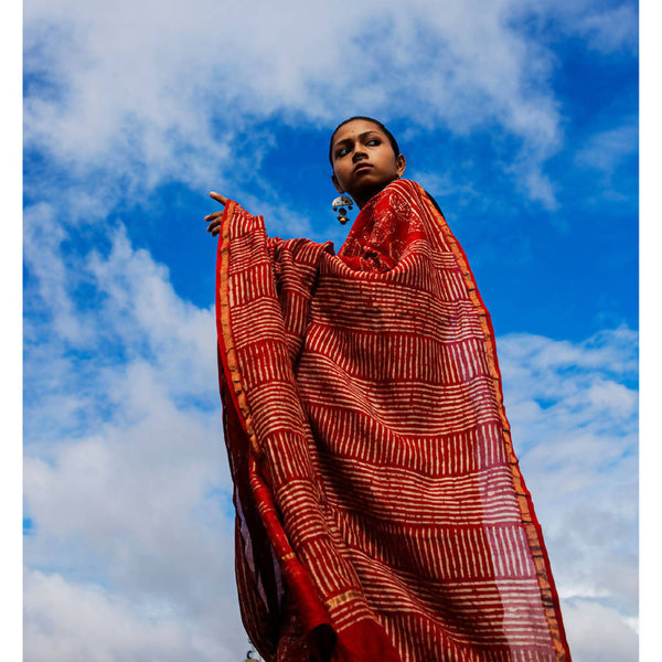 Festive Wear | Natural Dyed Rust Dabu Printed Chanderi Saree