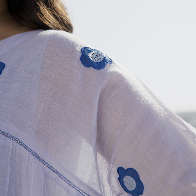 Chanderi Silk Dress | Hand Embroidered | Blue & White