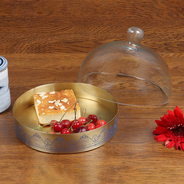 Brass Cookie Tray With Glass Cloche | Blue