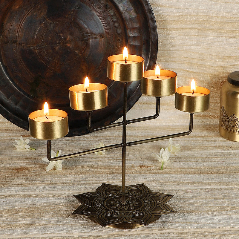 Brass Panch Diya Stand | Antique Finish