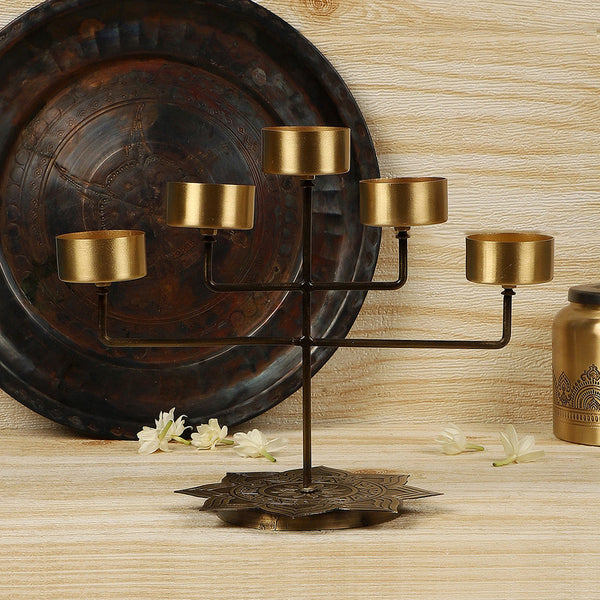 Brass Panch Diya Stand | Antique Finish