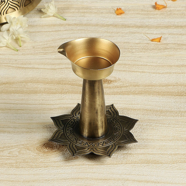 Brass Diya With Stand | Antique Finish