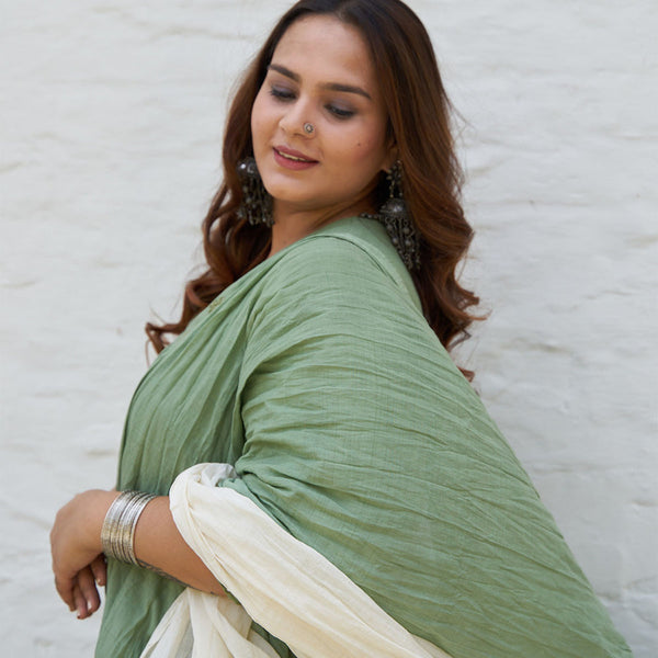 Mul Cotton Dupatta with Tassels | Green & Off White