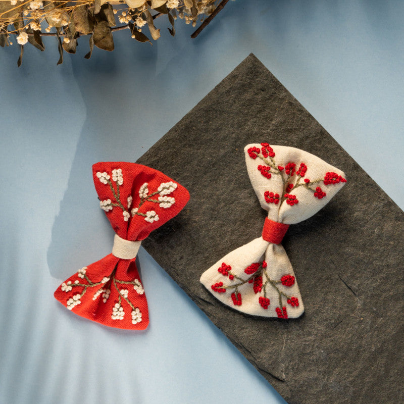 Organic Cotton Floral Hair Clips | Off-White & Red | Set of 2