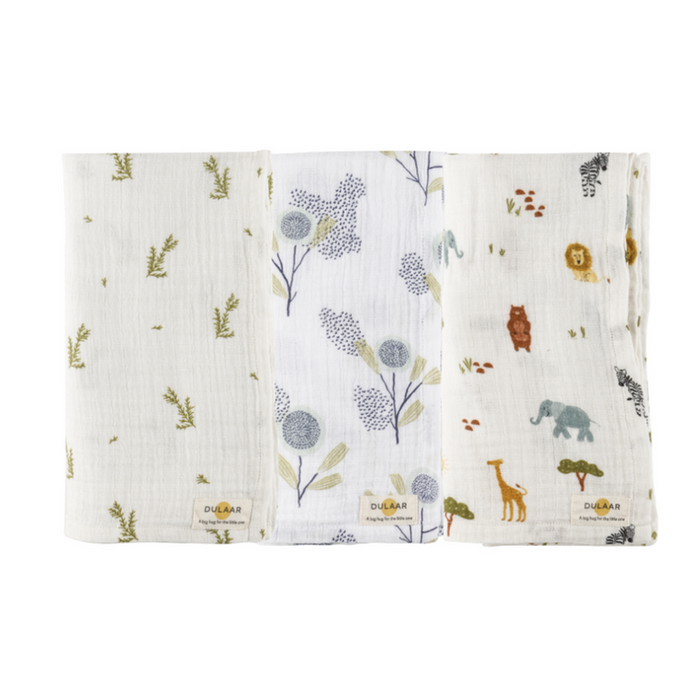 Organic Muslin Baby Swaddle | Printed | Set of 3 | 105 x 105 cm