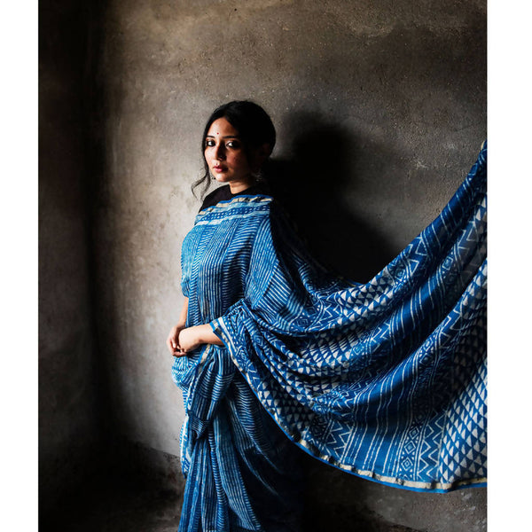 Festive Wear | Natural Dyed Blue Dabu Printed Chanderi Saree