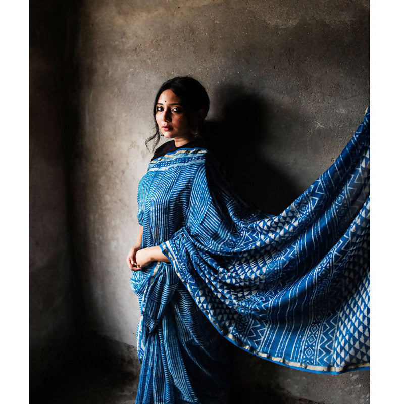 Festive Wear | Natural Dyed Blue Dabu Printed Chanderi Saree