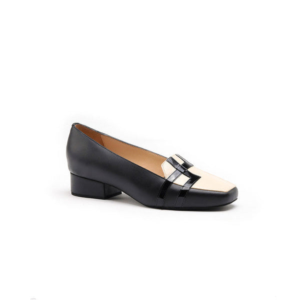 Ethically Sourced Nubuck Leather | Block Heel Loafers | Black & Ivory