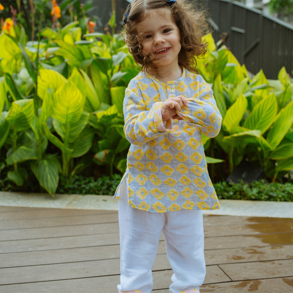 Organic Cotton Kids Kurta Pajama | Yellow & White