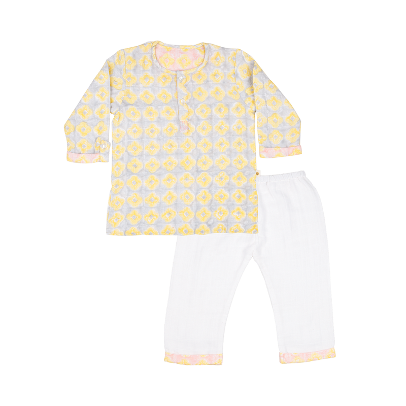 Organic Cotton Kids Kurta Pajama | Yellow & White