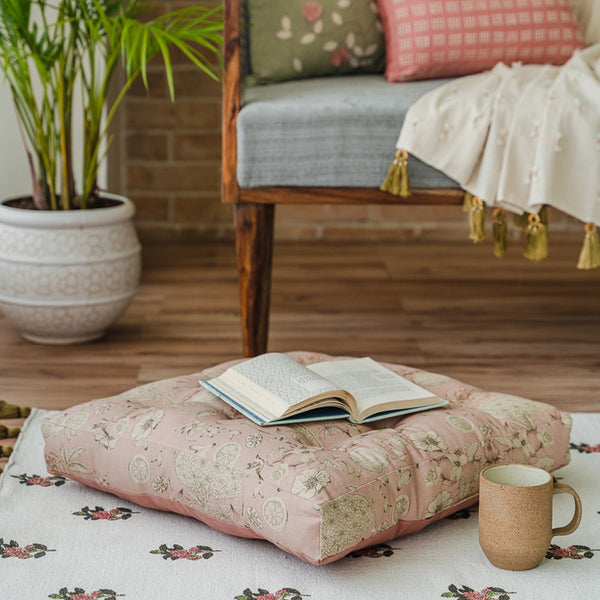 Cotton Canvas Floor Cushion | Printed | Pink