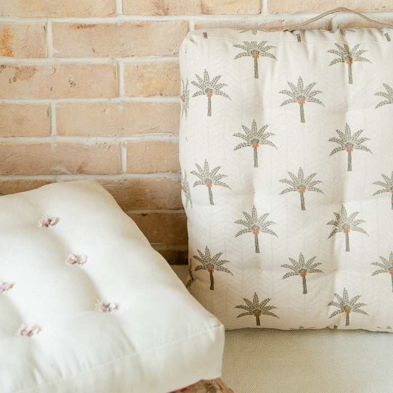 Cotton Canvas Floor Cushion | Printed | White