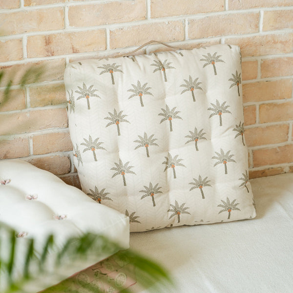 Cotton Canvas Floor Cushion | Printed | White