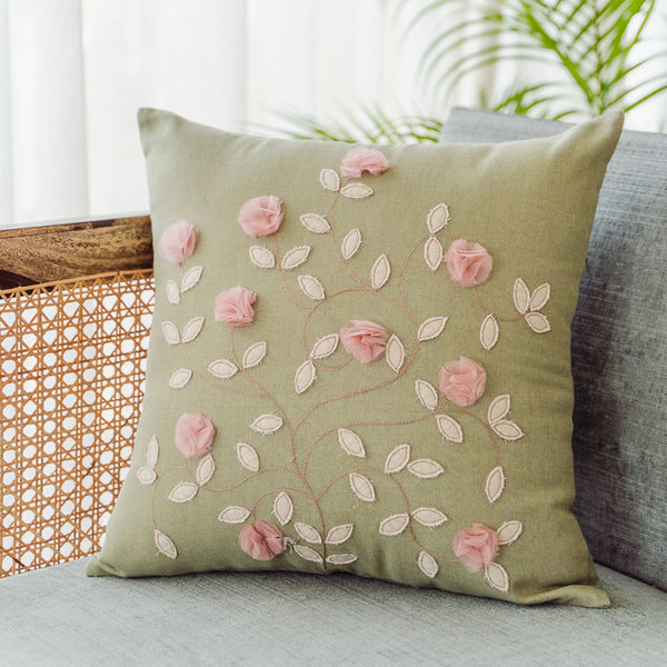 Cotton Chambray Cushion Cover | Embroidered | Green