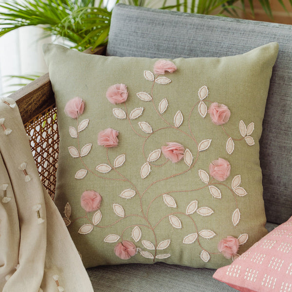 Cotton Chambray Cushion Cover | Embroidered | Green