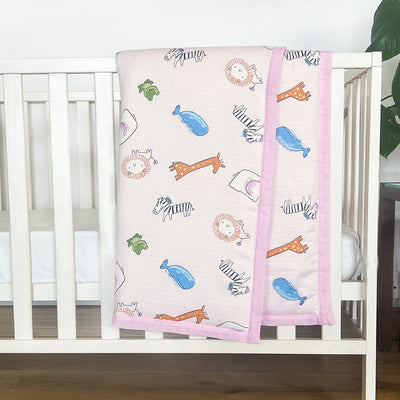 Cotton Muslin Baby Blanket | Animal Safari Print | Pink