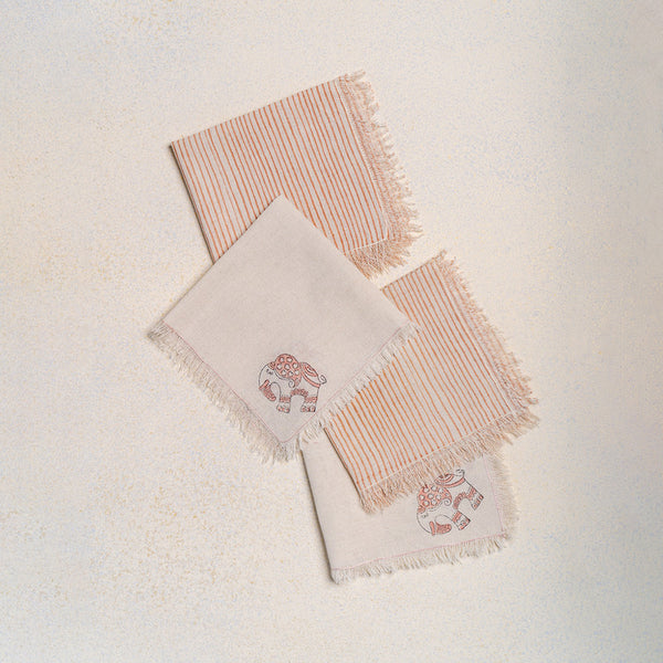 Cotton Napkins | White & Beige | Printed | Set of 4