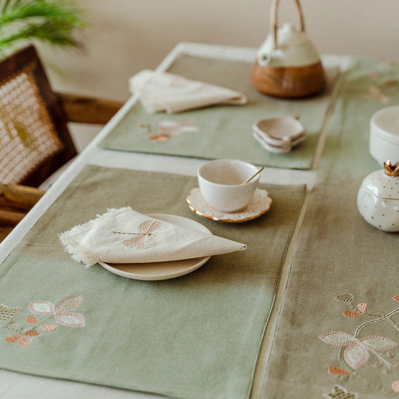 Cotton Chambray Table Runner | Embroidered | Beige