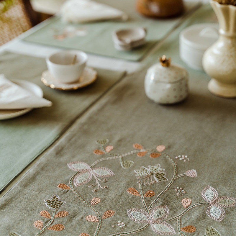 Cotton Chambray Table Runner | Embroidered | Beige