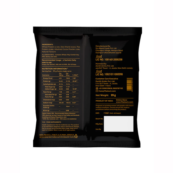 Auric Vegan Protein Powder | 21g Protein & 6g BCAA | Dark Chocolate 8 Sachets