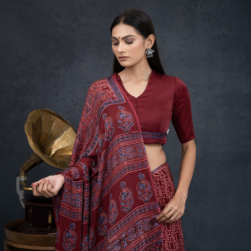 Modal Silk Saree | Ajrakh Handblock Print | Maroon