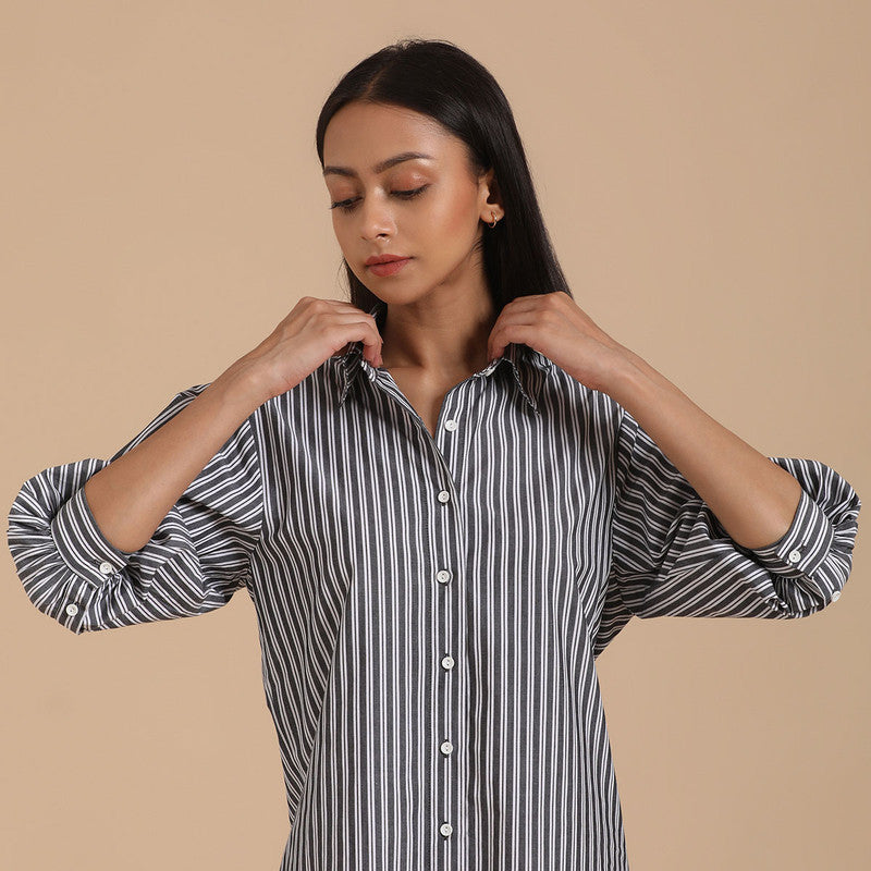 Pure Cotton Striped Shirt Dress | Grey & White