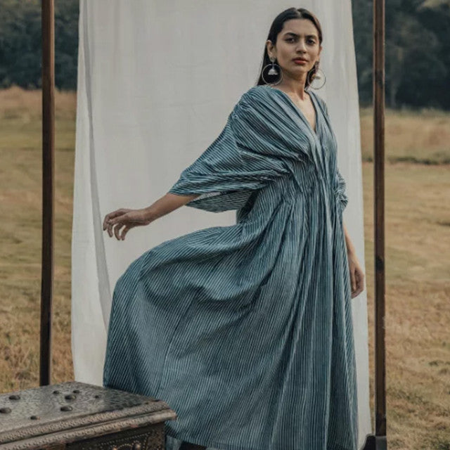 Blue Indigo Hand Block Cotton Pleated Striped Kaftan Dress