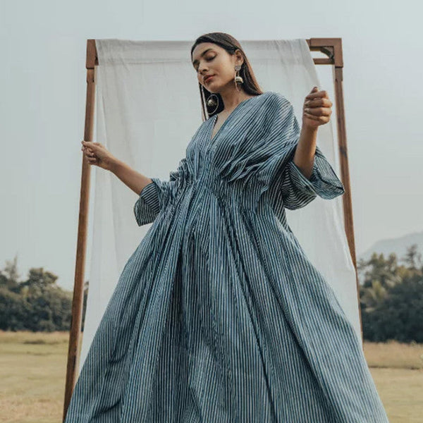 Blue Indigo Hand Block Cotton Pleated Striped Kaftan Dress