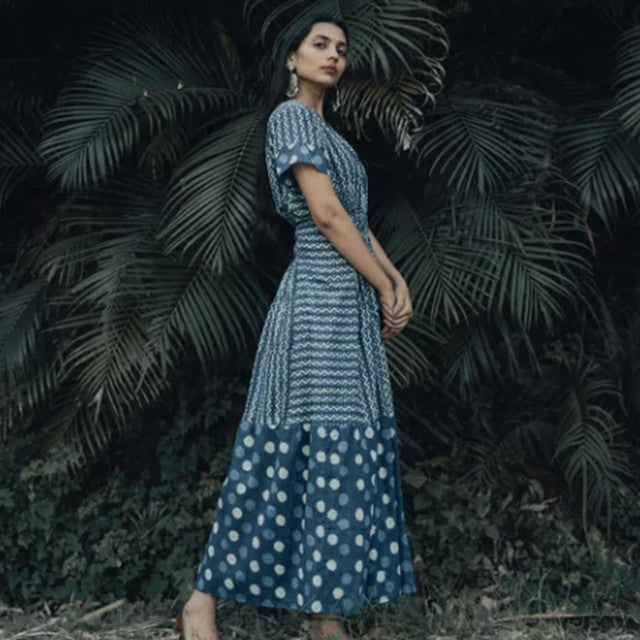 Blue Indigo Hand Block Cotton Polka Dots A-Line Dress