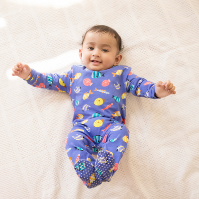 Organic Cotton Baby Bodysuit | Footsie | Printed | Navy Blue