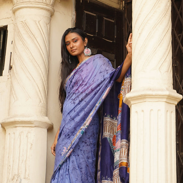 Maheshwari Cotton Silk Saree | Batik Print | Blue