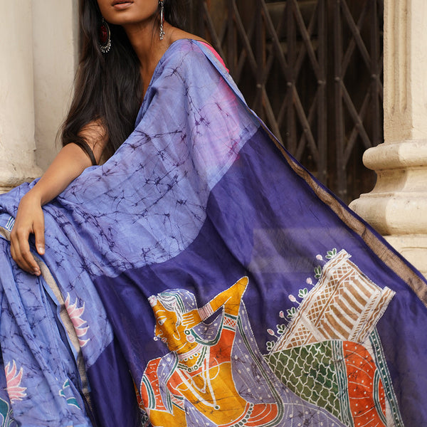 Maheshwari Cotton Silk Saree | Batik Print | Blue