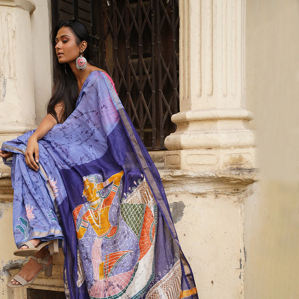 Maheshwari Cotton Silk Saree | Batik Print | Blue