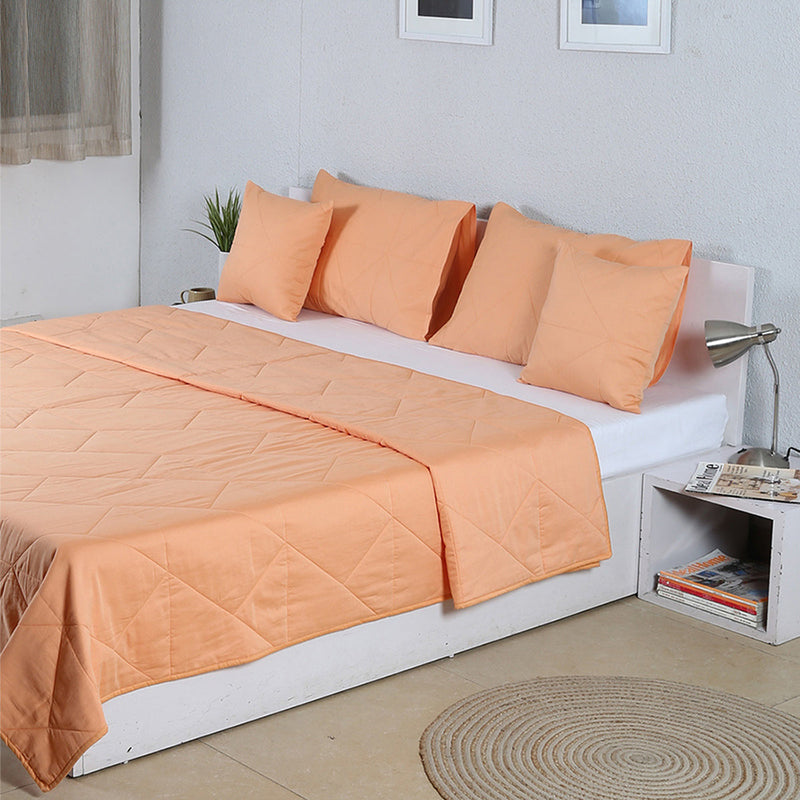 Cotton Bedcover with Pillow & Cushion Covers | Quilted | Double Size | Peach