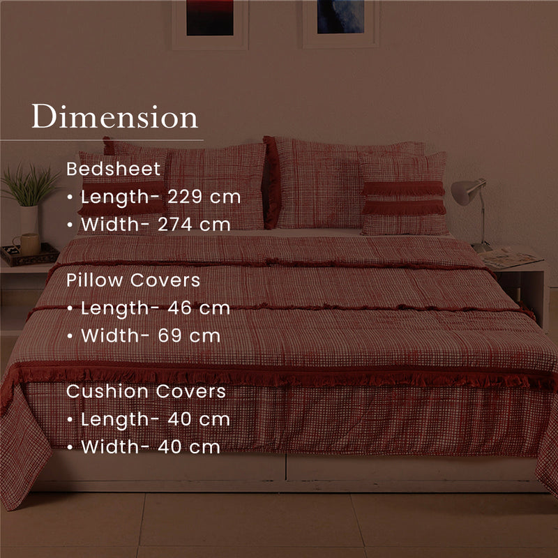 Cotton Bedcover with Pillow & Cushion Covers | Checkered | Double Size | Red