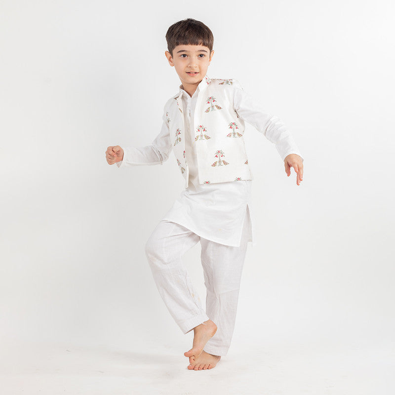 Cotton Kurta Pajama Nehru Jacket Set for Kids | White