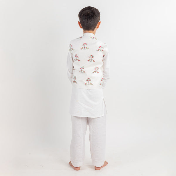 Cotton Kurta Pajama Nehru Jacket Set for Kids | White