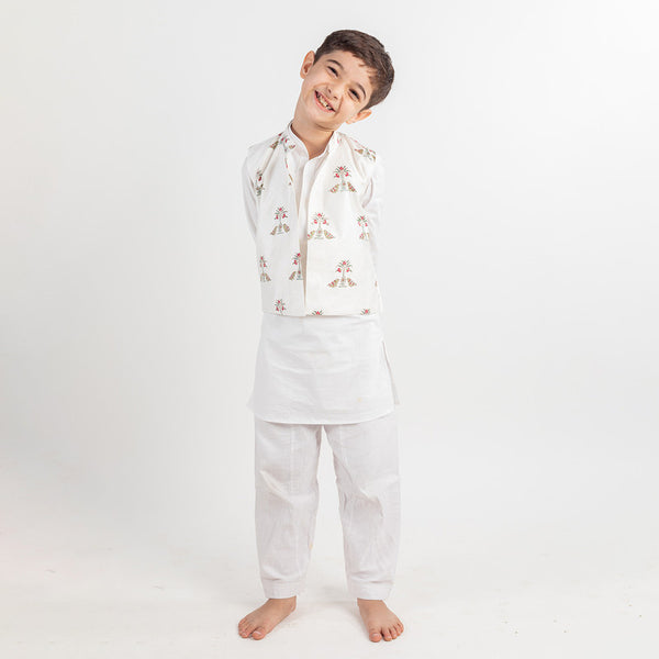 Cotton Kurta Pajama Nehru Jacket Set for Kids | White