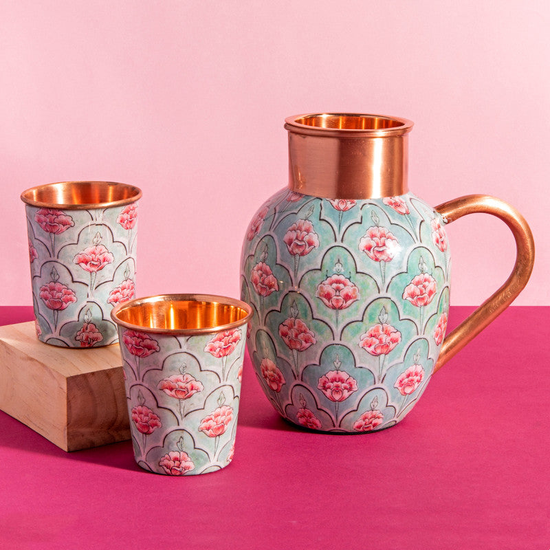 Copper Glass | Hand Printed | Blue & Pink | 275 ml