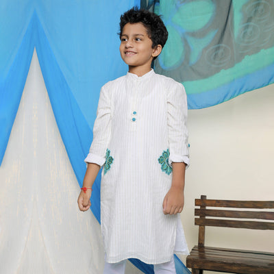 Cotton Embroidered Kurta for Boys | White