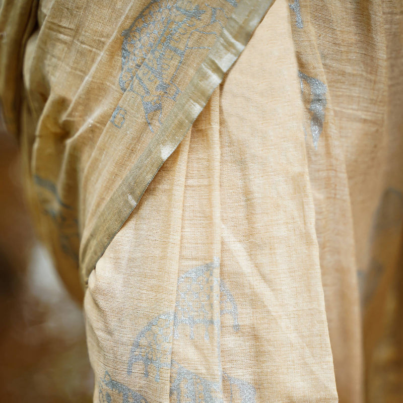 Handwoven Mul Cotton Saree with Barati Print | Beige