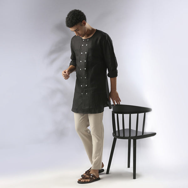 Hemp Double Breasted Kurta | Black