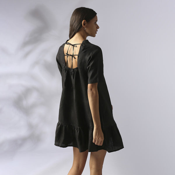 Hemp Gathered Sleeves Dress | Black