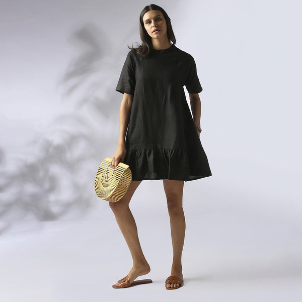 Hemp Gathered Sleeves Dress | Black