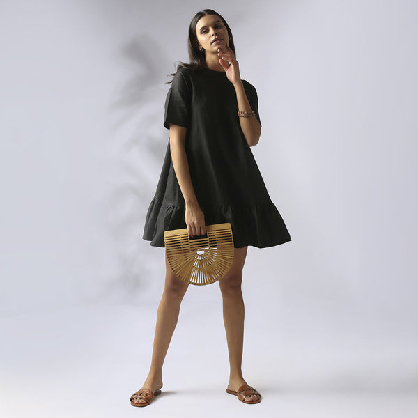 Hemp Gathered Sleeves Dress | Black