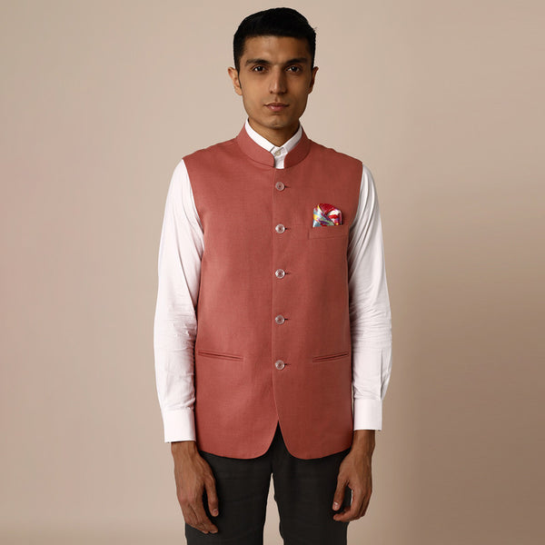 Linen Mens Nehru Jacket | Pink