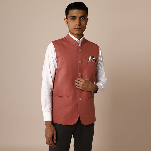 Linen Mens Nehru Jacket | Pink