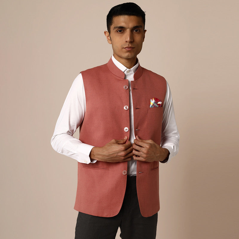 Linen Mens Nehru Jacket | Pink