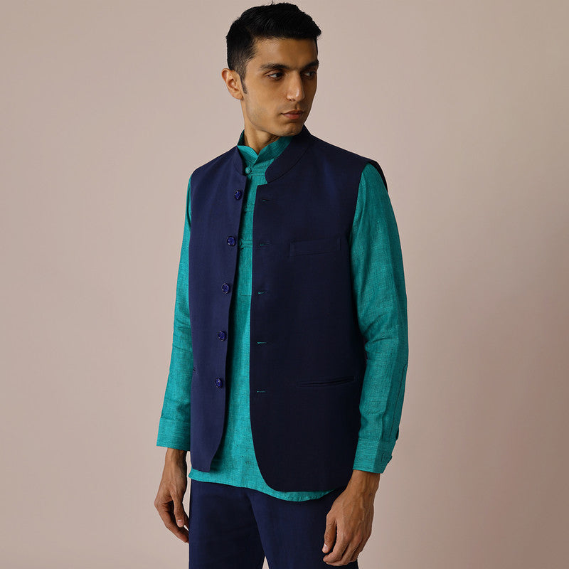 Linen Mens Nehru Jacket | Blue