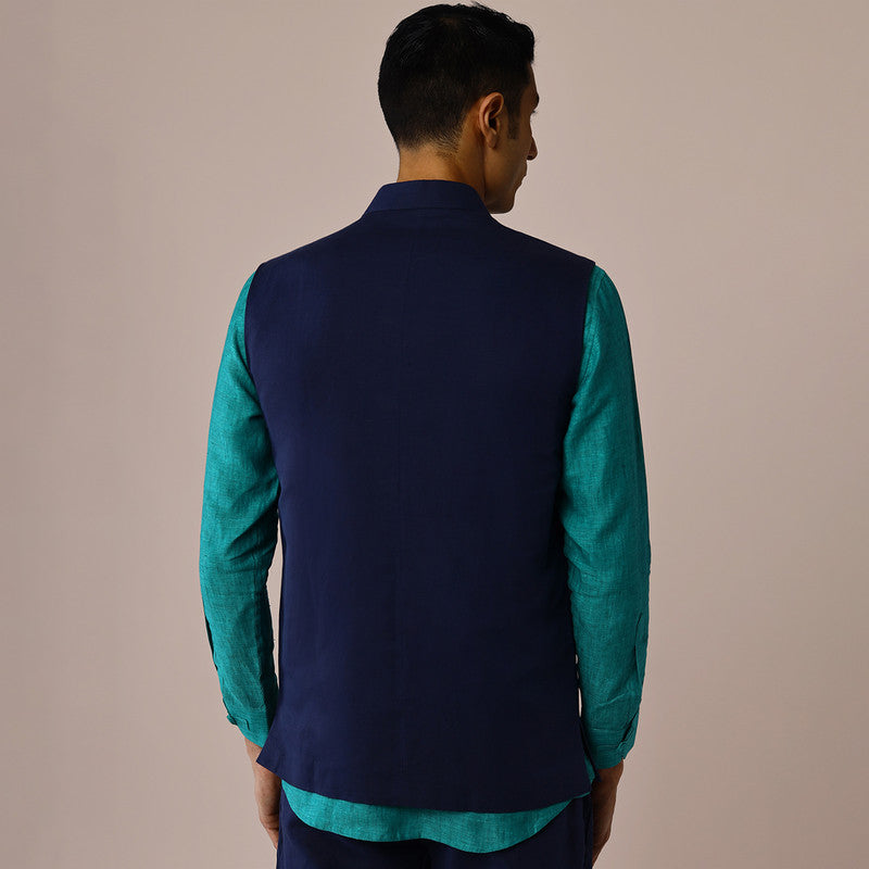 Linen Mens Nehru Jacket | Blue